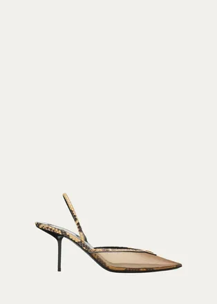 Saint Laurent 90mm Mesh and Python-Embossed Leather Slingback Pumps