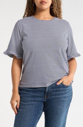 Jones New York Stripe Frill Sleeve Stretch Cotton Top in Pacific Navy/Natural White at Nordstrom, Size 3X