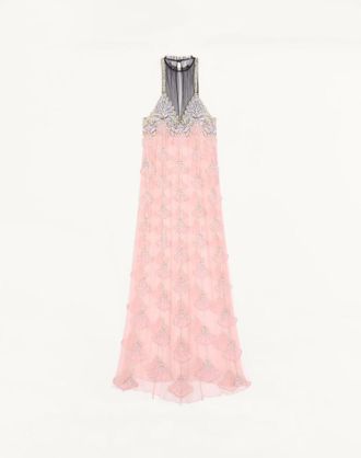 Valentino Abito Lungo In Tulle Illusione Ricamato Donna ROSA/SILVER 44