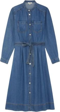 Suncoo Kleedjes, Dames, Blauw, L, Denim, Denim midi jurk met knoopsluiting