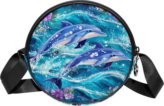 Generic Circle Crossbody Bag for Women, Dolphins Flowers Small Sling Bag Daypack with Zipper Adjustable Shoulder Straps Casual Ladies Girls Round Purse