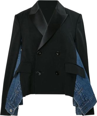sacai Blazers, female, Black, Size: L Wool Suiting x Denim Jacket