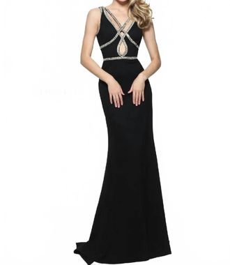 Sherri Hill Beaded Cutout Evening Gown In Black
