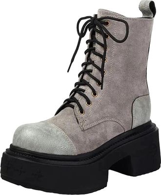 Generic Womens Platform Ankle Boots Round Toe High Block Heel With Side Zipper And Front Lace Up Combat Style Booties