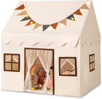 Costway Costway Tenda Da Gioco Per Bambini, Casetta Da Gioco Con Tappetino Antiscivolo Imbottito Bandierine Luci 3 Finestre, Per Bambini 3-14 Anni, 123 X 107 