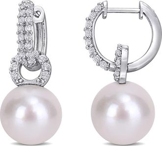Amour 11-12mm Cultured Freshwater Pearl and 1 2/5 CT TGW White Topaz Hoop Earrings In Sterling Silver