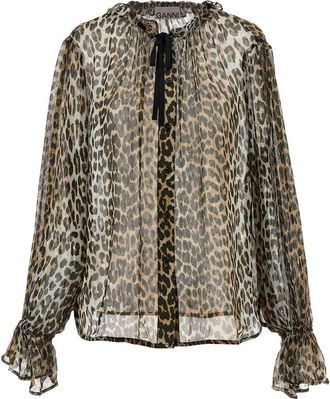 Ganni Leopard Print Chiffon Tie String Shirt