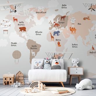 OEM Carta Da Parati Fotografica - Mappa Del Mondo In Tonalit&agrave; Beige Per La Cameretta Dei Bambini