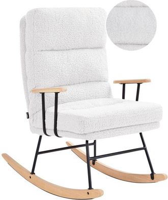 Beliani Mecedora de bouclé tapicería de borreguito respaldo reclinable patas de metal y madera de caucho respaldo sala de estar blanco crema Eskelin