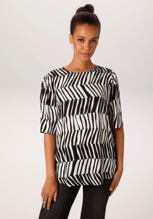Aniston Schlupfbluse ANISTON CASUAL, Damen, Gr. 36, wei&szlig;, schwarz, Cr&ecirc;pe, Obermaterial: 100% Viskose, gemustert, gestreift, figurumspielend h&uuml;ftlang, Rundhals