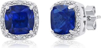 MAX + STONE 925 Sterling Silver 7mm Gemstone and Diamond Accent Halo Cushion Stud Earrings