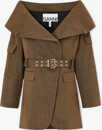 Ganni Canteen Blazer in Brown Wool Melange - Size 10/12 Recycled