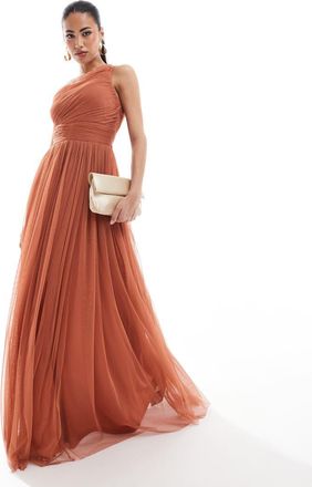 Lace & Beads Bridesmaid one shoulder tulle maxi dress in terracotta rose-Pink