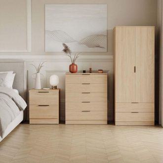Home Discount Trega 3pc Bedroom Furniture Set - 2 Drawer Bedside, 5 Drawer Chest & 2 Door Wardrobe, Pine