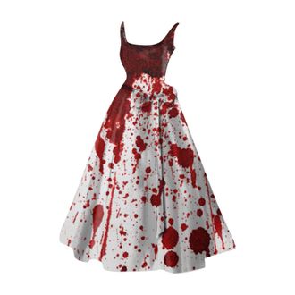 Generic Halloween Costume Womens Blood Solved Halloween Print V-Neck Sleeveless Dresses High Waist Vintage Dress Party Swing A-Line Evening Party Prom Cocktai