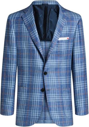 Kiton Cashmere- Zijde en Linnen Geruit Enkelrijig Jasje - Heren - Blazers - Blauw - M - Linnen - Jassen