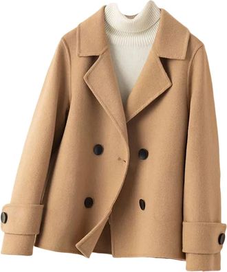Generic Women Peacoat Double Breasted Wool Blend Jacket Notched Lapel Overcoat Short Cardigan Outwear