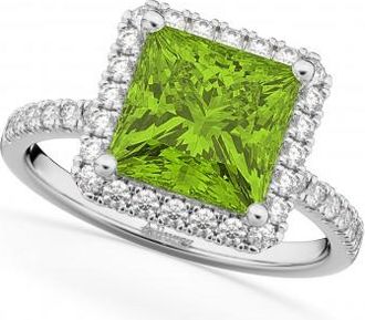 Allurez Princess Cut Halo Peridot & Diamond Engagement Ring 14K White Gold 3.47ct