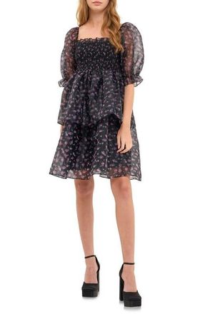 endless rose Floral Shirred Puff Sleeve Organza Dress in Black Navy at Nordstrom, Size X-Small