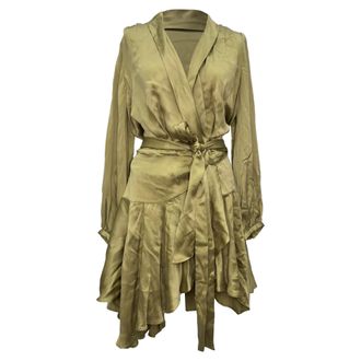 Zimmermann Pre-owned Womens Empire Wrap Mini Dress in Olive Silk - Size X-Small/Small