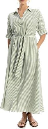 Max Studio Stripe Short Sleeve Maxi Shirtdress in Green/Ivory at Nordstrom Rack, Size X-Small