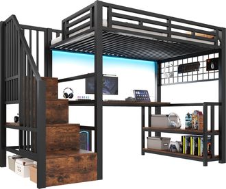 STILVORA Cama Alta 90 X 200 Cm Con Escalera De Almacenamiento, Escritorio, Led, Usb Y Usb-c, Sin Colch&oacute;n, De Metal, Negro