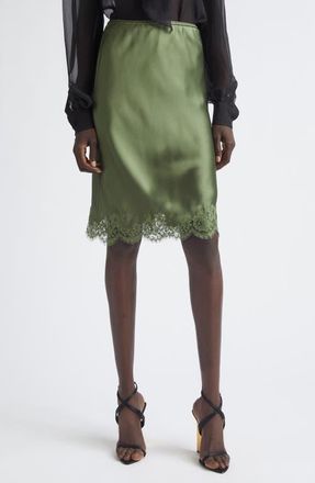 Saint Laurent Lace Trim Silk Satin Skirt in Khaki at Nordstrom, Size 10 Us