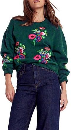 Boden Novelty Embroidered Sweater in Emerald Night Bouquet at Nordstrom Rack, Size Large