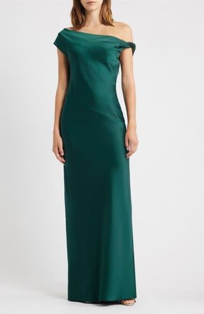 Wayf Colleen One-Shoulder Drape Satin Gown in Emerald at Nordstrom, Size X-Small