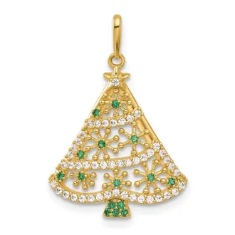 Diamond2Deal 14k Yellow Gold Polished Green and White Cubic Zirconia Christmas Tree Pendant