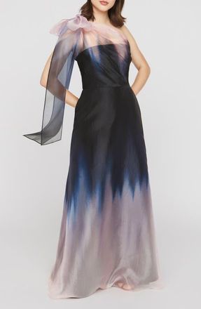 Kay Unger Victoria One Shoulder Satin Ombr&eacute; Gown in Black/Tea Rose at Nordstrom, Size 14
