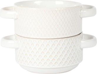 Gibson Home Earlhart 2 Piece 6 Inch Ribbed Stoneware Soup Bowl Set with Handles in White at Nordstrom