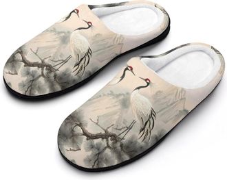 Generic Red Crowned Crane Womens Slippers Warm House Slippers Indoor House Shoes with Anti-Skid Rubber Sole