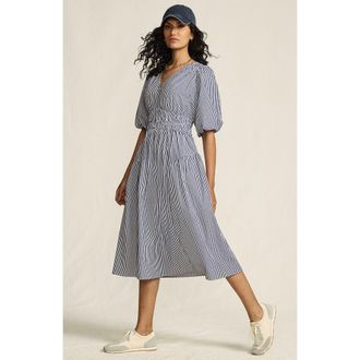 Lands End Puff Sleeve Smocked Waist V Neck Dress in Blue/white Stripe at Nordstrom, Size X-Large