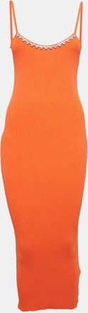 Area Area Orange Rib Knit Crystal Embellished Midi Dress