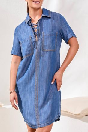 Tribal Pop Over Shirt Dress With Lace Up In Seaside Blue-2991