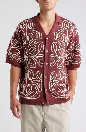 Topman Floral Embroidered Knit Camp Shirt in Burgundy at Nordstrom Rack, Size X-Large