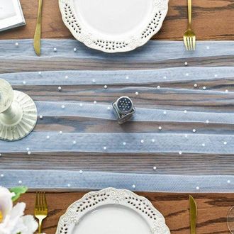 OEM Mantel Azul Claro Con Perlas Blancas - Malla Suave Y Sedosa De 76 X 305 Cm - Para Bodas, Fiestas Y Decoraci&oacute;n De Mesas