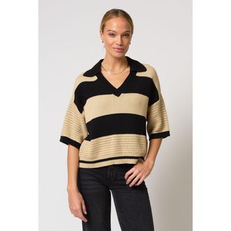 Central Park West Dean Mixed Stitch Rugby Sweater in Black/beige at Nordstrom, Size X-Small