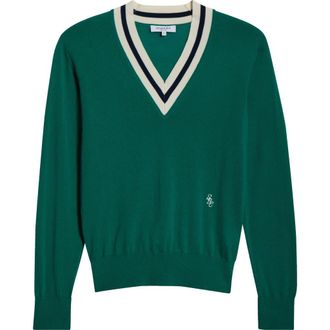 Sporty & Rich Minimalist V-Neck Merino Wool Sweater in Alpine/Dark Navy/Off White at Nordstrom Rack, Size X-Large