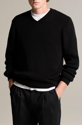 Vince Solid V-Neck Cotton Blend Ribbed Sweater in Black at Nordstrom, Size Xx-Large