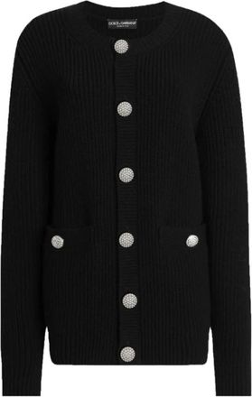 Dolce & Gabbana Zwarte Juweelknoop Geribbelde Vest - Dames - Vesten - Zwart - M - Wol - Truien & Vesten