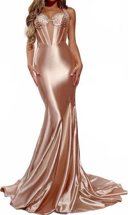 Jovani Halter Neckline Beaded Corset Dress In Champagne