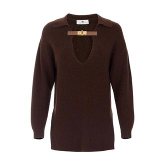 Elisabetta Franchi V-neck Knitwear, female, Brown, Size: M Regular Fit Mixed Wool Sweater