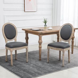 HOMCOM Dining Chairs Set of 2, French-Style Kitchen Chairs, Armless Accent Chairs with Linen Fabric Upholstery, Round Backrest & Solid Wooden Frame