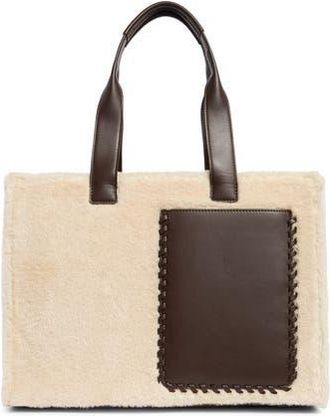 BCBGeneration Whipstitch Faux Shearling Tote Bag with Pouch in Cream Chocolate at Nordstrom Rack