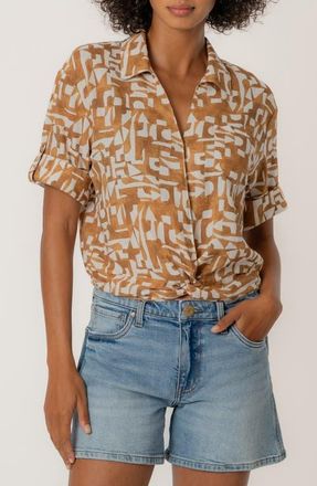 Kut from the Kloth Rebel Printed Knot Front Linen Blend Top in Cambridge Wood at Nordstrom, Size X-Small