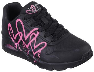 Skechers Sneaker SKECHERS UNO DRIPPING IN LOVE, Damen, Gr. 35, schwarz (schwarz, kombiniert), Lederimitat, Schuhe Sneaker, mit Herzen-Graffity-Print, Freizeits