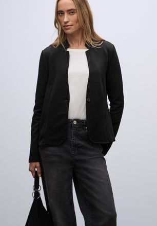 Street One Kurzblazer STREET ONE, Damen, Gr. 38, schwarz, Web, Obermaterial: 55% Baumwolle, 40% Polyester, 5% Elasthan, unifarben, tailliert h&uuml;ftlang, tiefer V-A