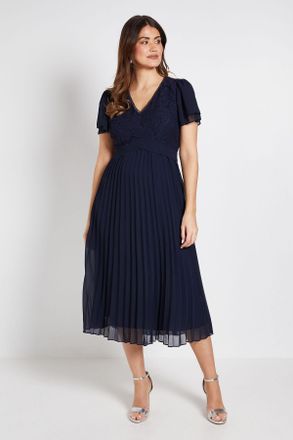 Wallis Womens Lace Pleat Detail Midi Dress - Navy Cotton - Size 18 UK
